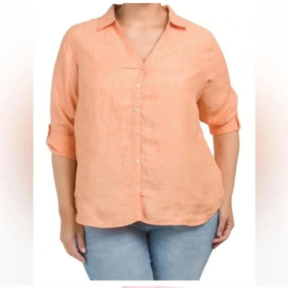 NWT Sigrid Olsen 100% Linen Button Up Blouse Plus 1X Roll Tab Sleeves Coral Top